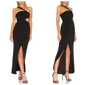 BCBG Acasia Formal Black Dress with Side cut out, front slit, diagonal strap